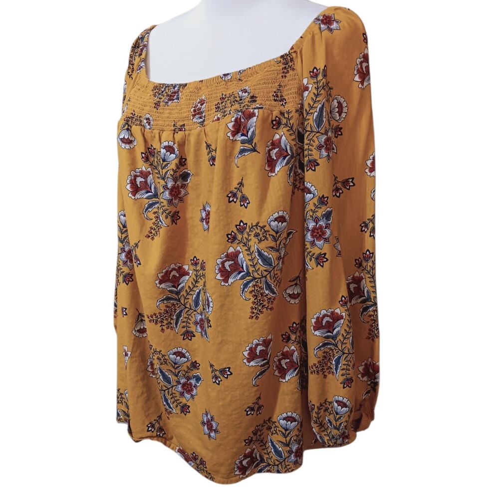ST. JOHN'S BAY Smocked Boho Floral Blouse‎ Top Plus 3X Square Neck Cotton Blend